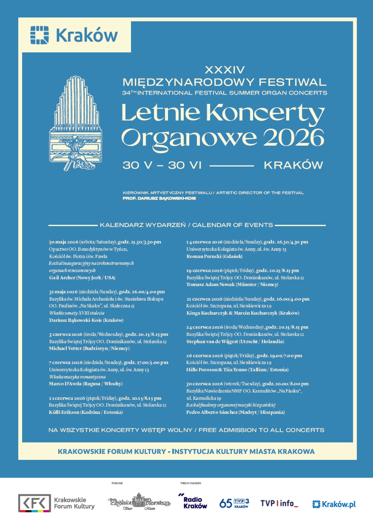 Plakat: XXXIV Międzynarodowy Festiwal „Letnie Koncerty Organowe 2026”