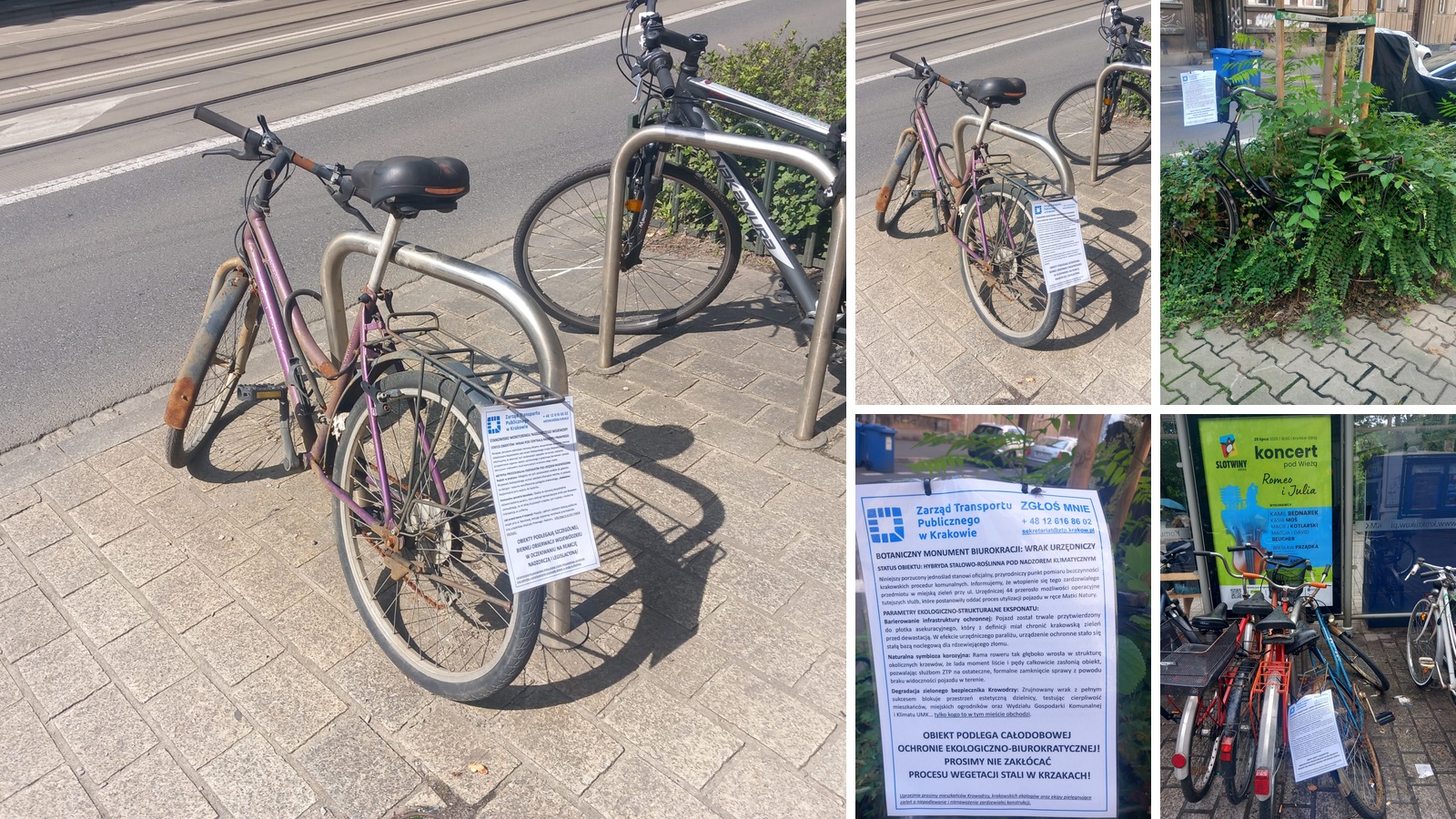 Na zdjęciach: satyryczne oznaczenia umieszczane na porzuconych rowerach w Krakowie.